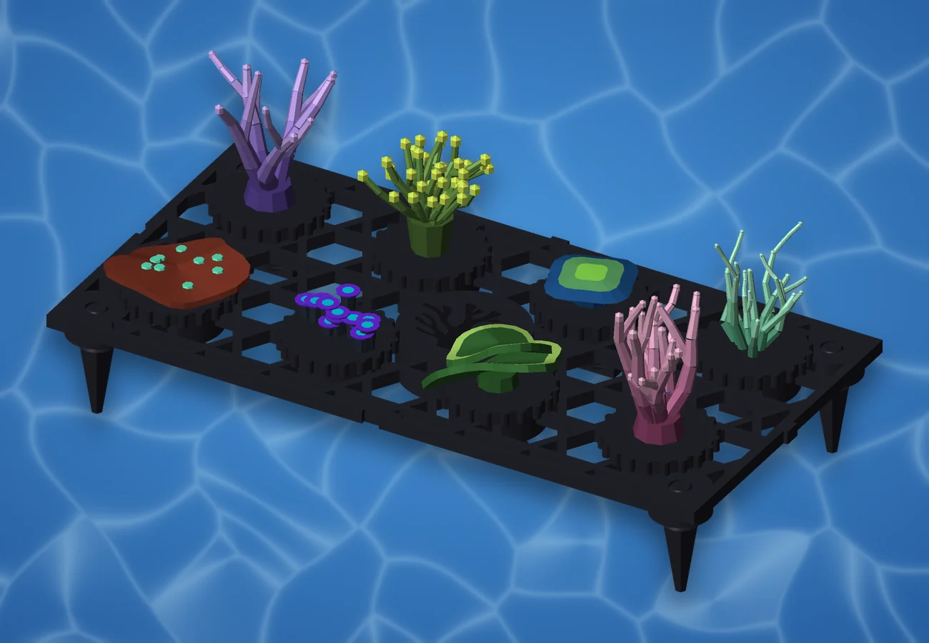 An AquaVoxel frag rack in Abyss Black with corals locked into its twist-lock plugs