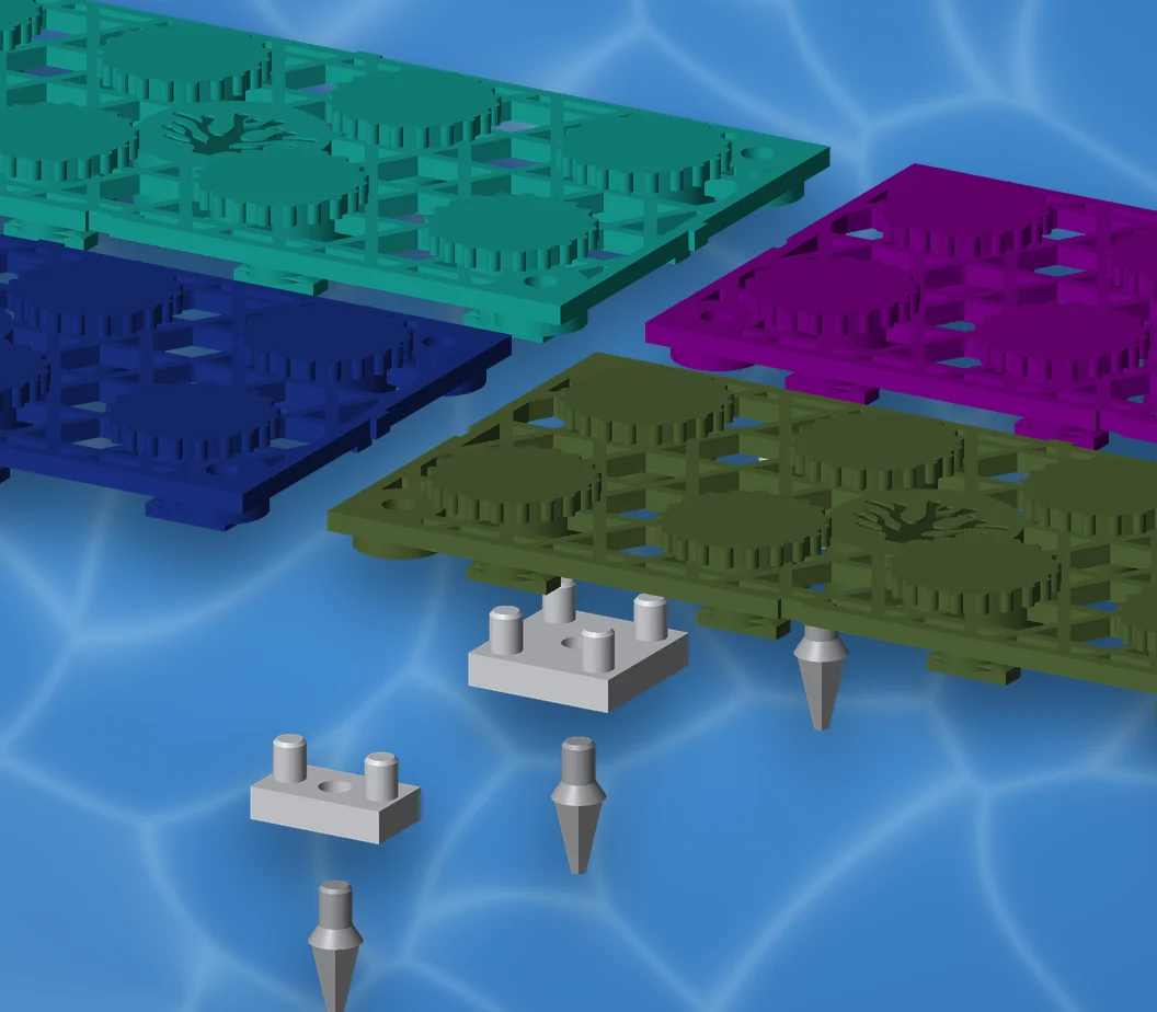 Exploded view of AquaVoxel plates lifted above a 4-way connector and a 2-way connector, each with a connector leg below
