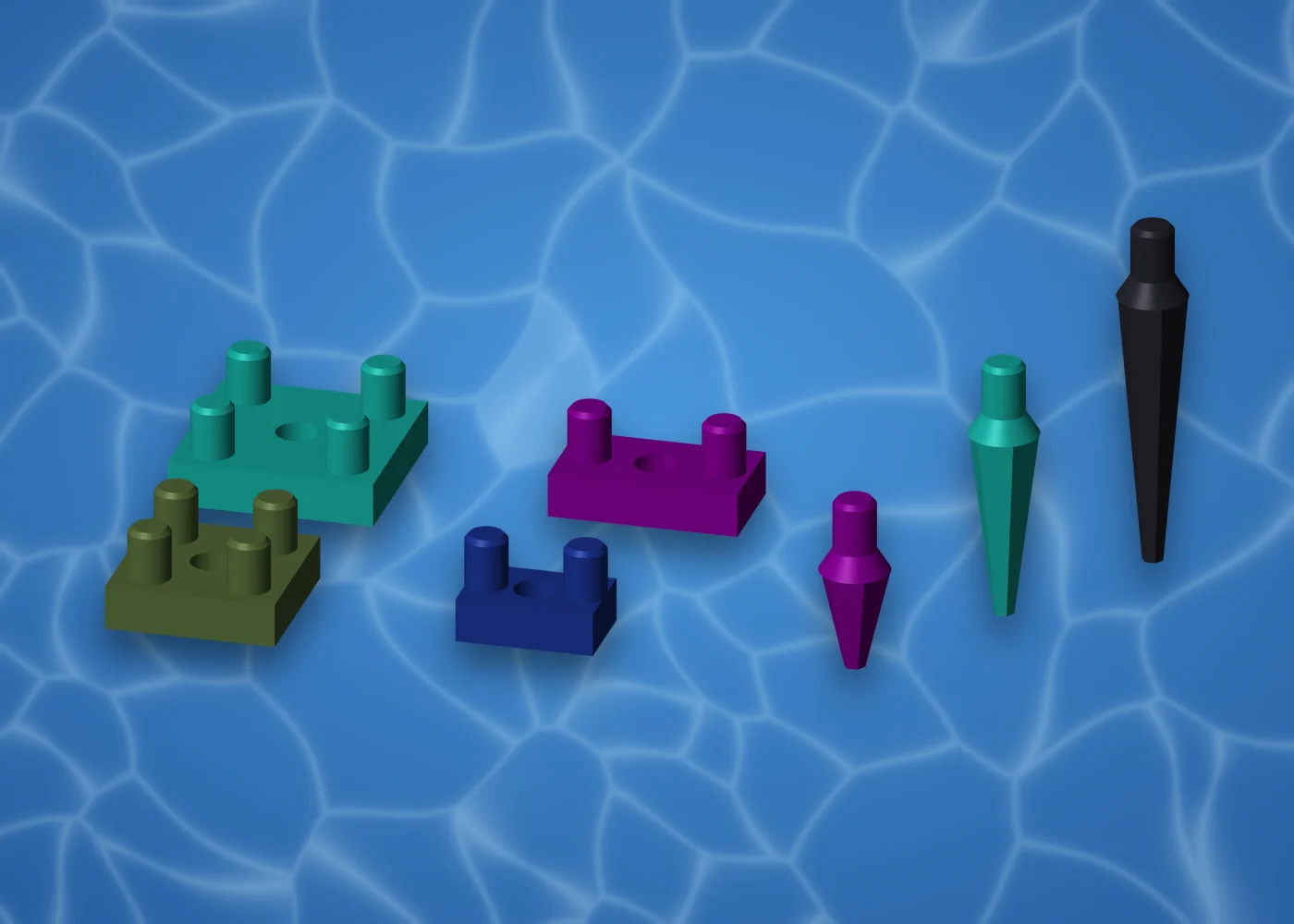 AquaVoxel full-size and Nano 2-way and 4-way connectors with the included 20, 30 and 40mm connector legs