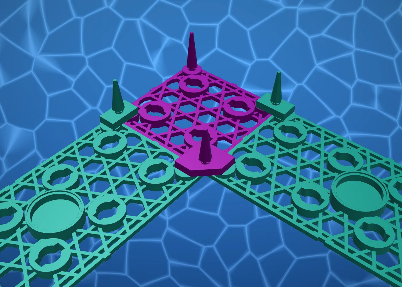 Underside of an AquaVoxel corner layout: two 2-way connectors and one 3-way connector with connector legs