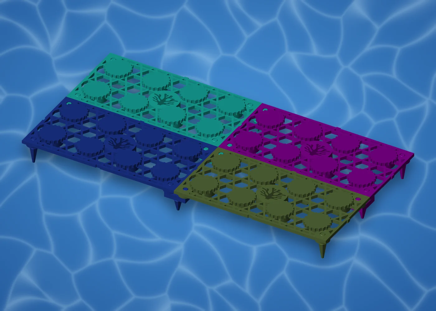Four AquaVoxel plates joined into one open-lattice rack