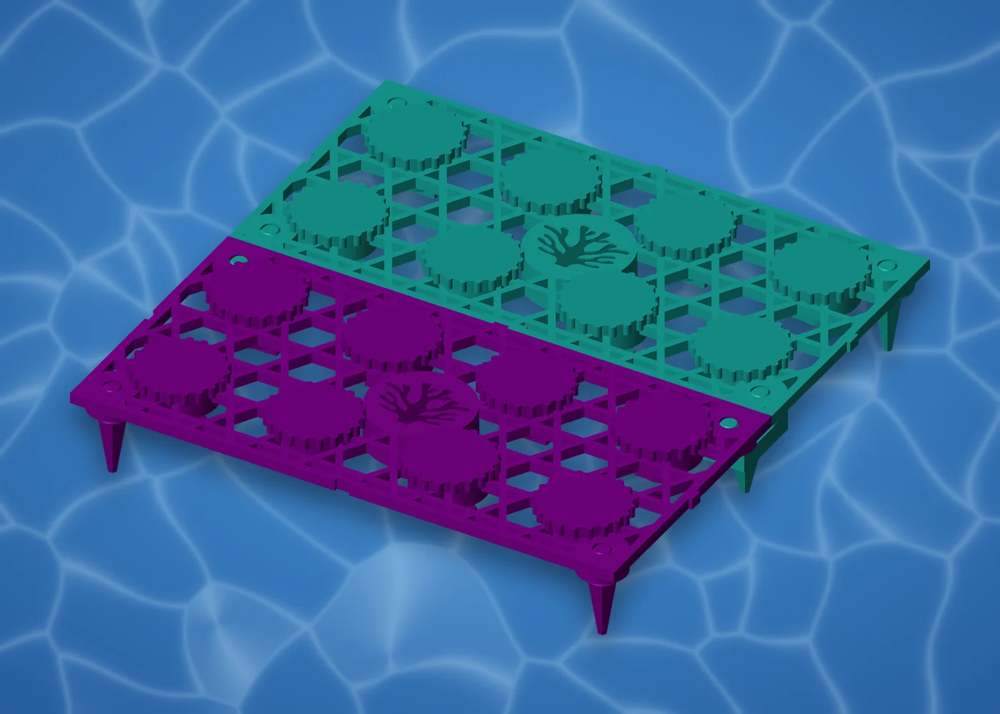 Two AquaVoxel Std8 plates, Seafoam Teal and Coralline Purple, joined by 2-way connectors