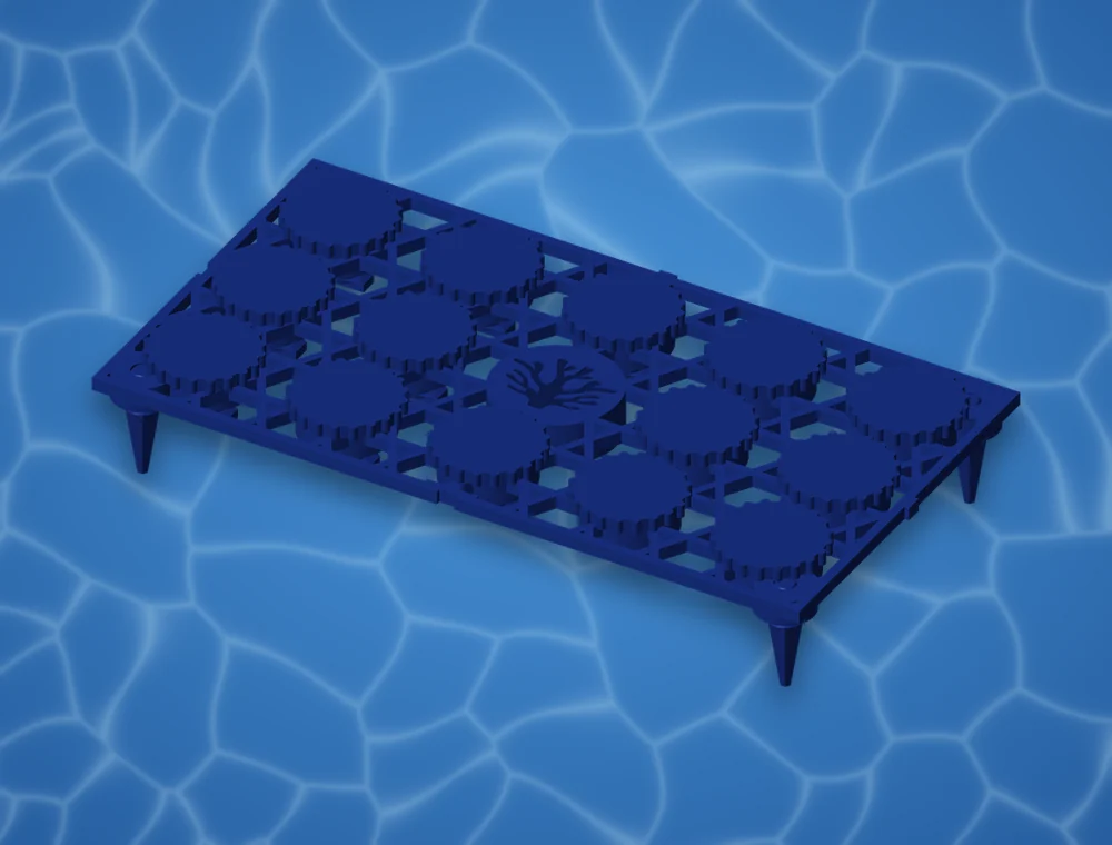 AquaVoxel LG14 plate in Pelagic Blue with fourteen 25.4mm plugs and legs