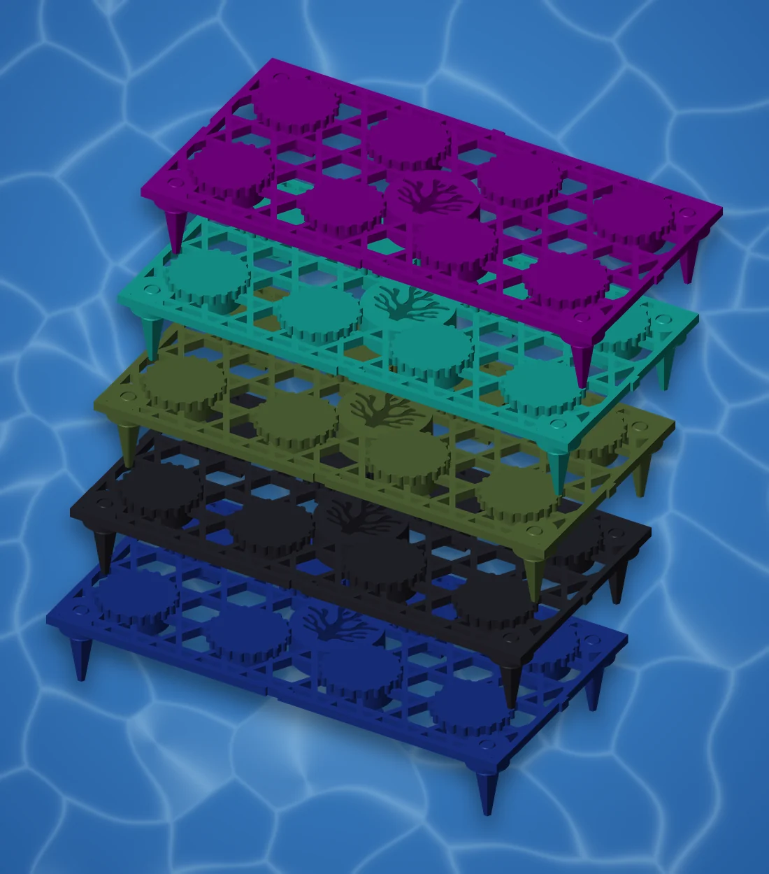 Five AquaVoxel Std8 plates stacked in all five finishes, with plugs and legs installed