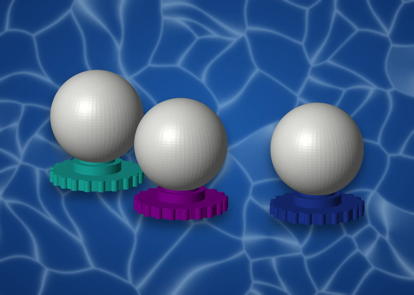 Three AquaVoxel plugs locked into white foam shipping floats
