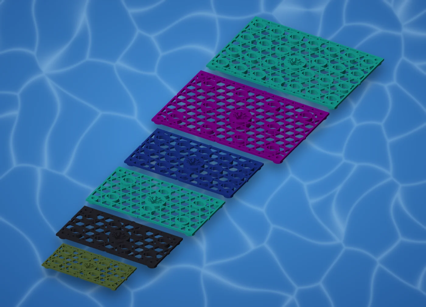The AquaVoxel lineup, front to back: Nano8 in Algae Green, Std8 in Abyss Black, LG6 in Seafoam Teal, LG14 in Pelagic Blue, XL10 in Coralline Purple and XL26 in Seafoam Teal