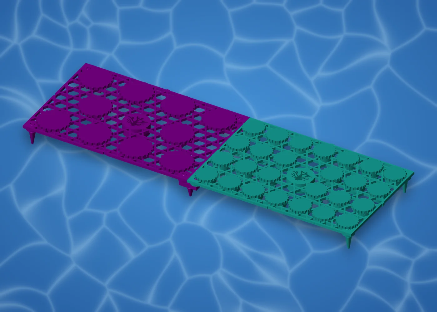An XL10 plate in Coralline Purple with ten 38.1mm plugs joined to an XL26 plate in Seafoam Teal with twenty-six 25.4mm plugs