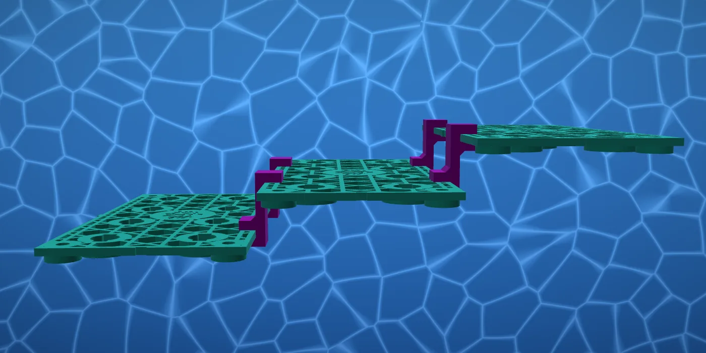 Side view of three AquaVoxel plates on Double F brackets, each tier 20mm higher and offset from the one below